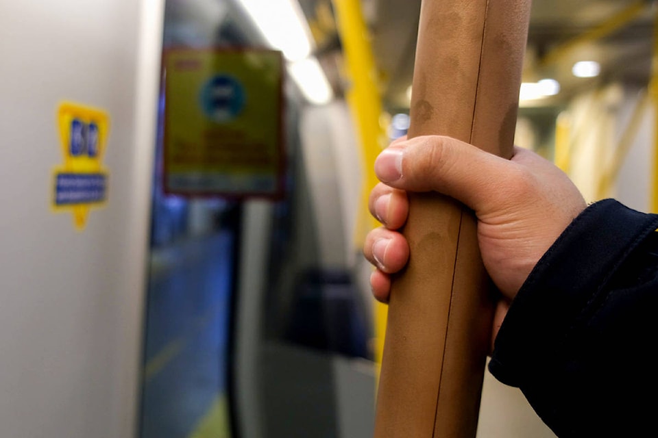 Copper and an organosilane coating will be installed on high-touch areas on two trolley buses and two SkyTrain cars starting Nov. 15, 2020. (TransLink)