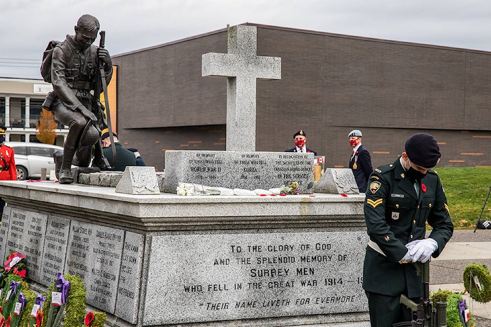 A small, 50-person ceremony was held in Veterans’ Square on Remembrance Day. (Photo: Jason Sveinson)