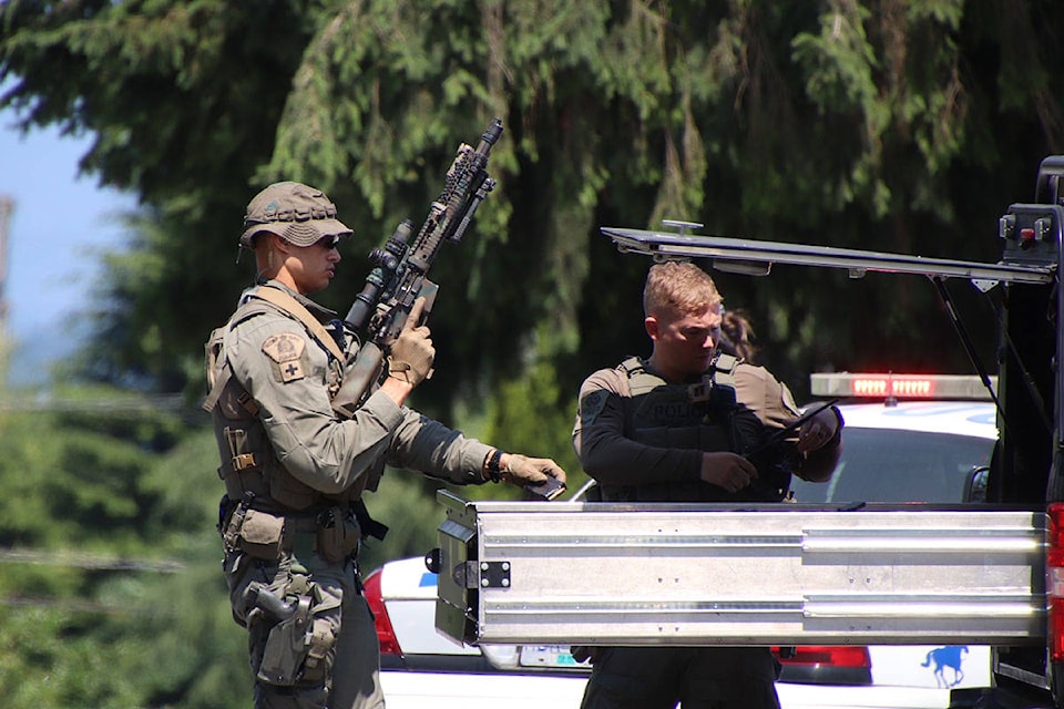 Around 10 a.m. on Friday, July 9, 2021 officers received a report of a man who had barricaded himself inside a house in the 22100 block area of Lougheed Highway. As a precaution police had 222nd Street at Lougheed Highway closed in both directions. (Shane MacKichan/Special to The News)