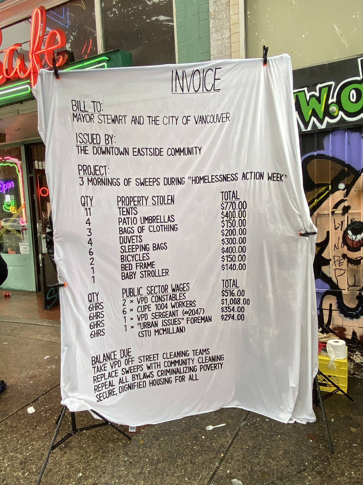An invoice prepared by Pivot Legal Society highlighting the cost of the street sweeping program. (Cole Schisler/Black Press Media.