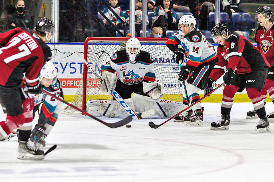 Rockets struck three times in a span of five minutes and 47 seconds in the third period to erase a 1-0 deficit and defeat Vancouver Giants 3-1 Saturday night at Prospera Place in Kelowna. (Steve Dunsmoor/Special to Langley Advance Times)