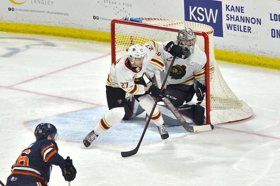 Alex Cotton guarded the Giants goal during at Sunday’s (Jan. 30) game against Kamloops Blazers at Langley Events Centre. (Gary Ahuja, Langley Events Centre/Special to Langley Advance Times)
