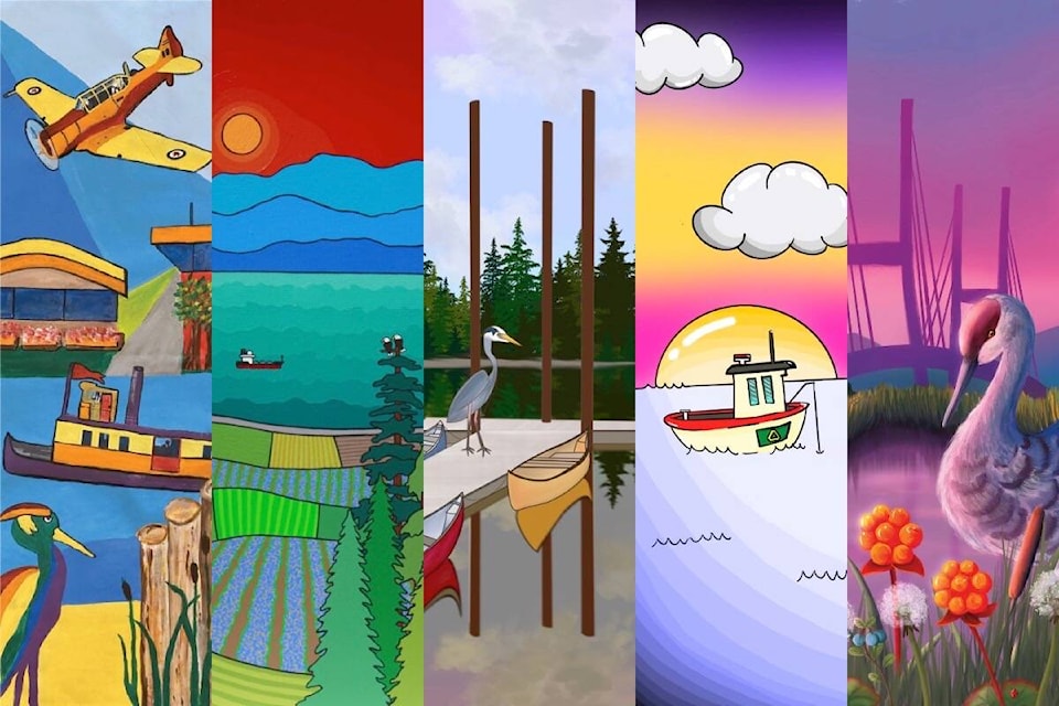 (from left) 2021 Delta Community Banner Contest winners “Our Historic Airways and Waterways” by Jean Hobbs, “The View From Here” by Leanne Trepke, “Deas Island View” by Regina Lee, “Simply Fishing at Sunset” by Samantha Neufeld, and “Delta’s Beauty” by Priya Sharma. (City of Delta photos)