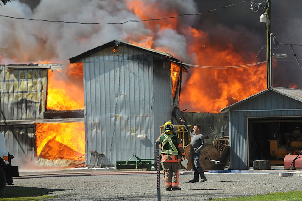 Chilliwack Fire Department was called to a barn fire on Carey Road on Wednesday, April 13, 2022. (Jenna Hauck/ Chilliwack Progress)