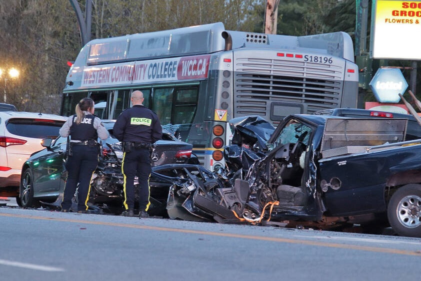 One person died in a multi-vehicle collision on 108 Avenue Tuesday (April 19). (Shane MacKichan photo)