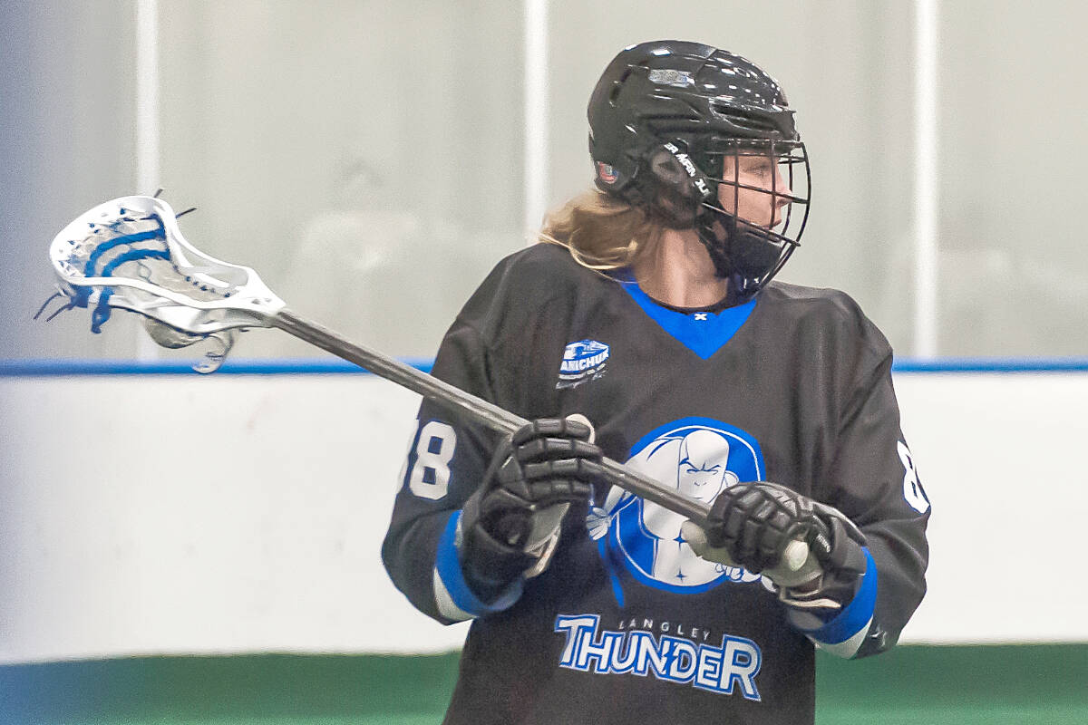 Teagan Dunnett made her BC Junior Tier 1 Lacrosse League debut for the Langley Thunder this season, becoming what is believed to be the first female lacrosse player to suit up in the leagues history. (Ryan Molag, Langley Events Centre/Special to Langley Advance Times)