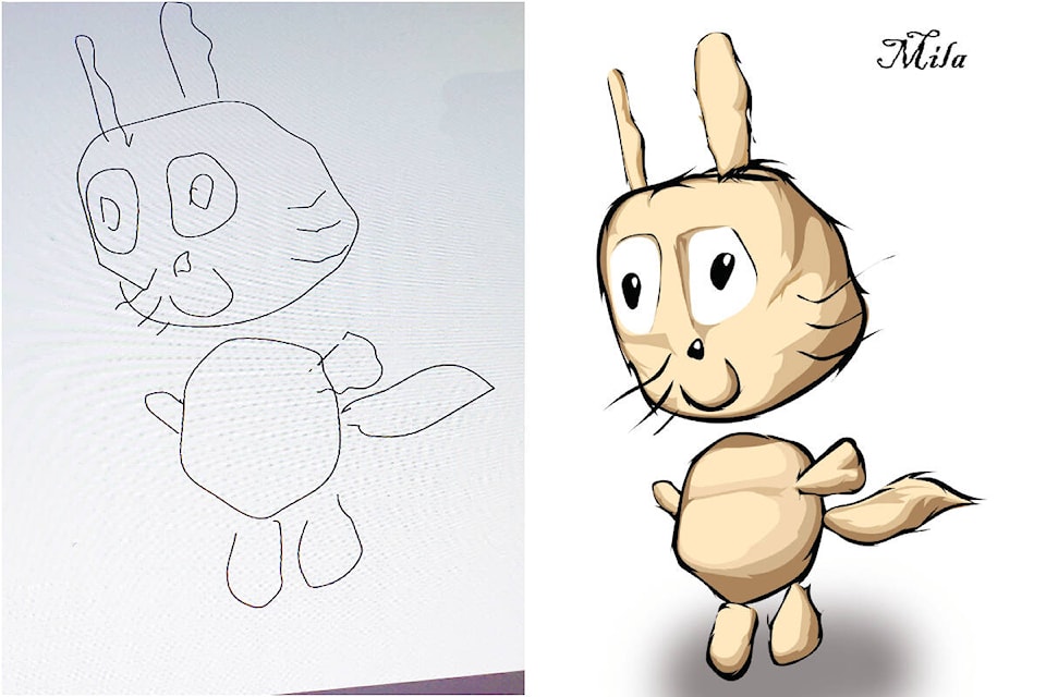 Mila’s cat. The young artists even get credit, with a ‘signature’ in the book, next to the finished produt.