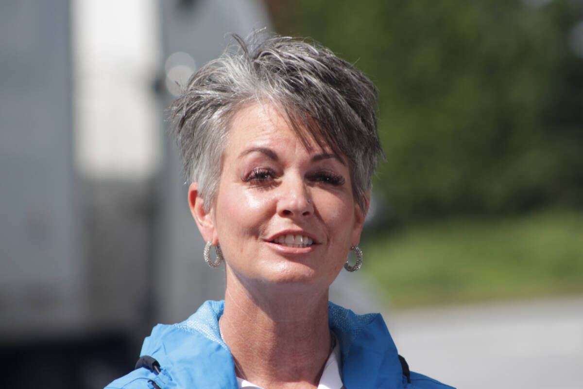 Joanne Bergman, ICBC road safety and community coordinator, speaks about Project Swoop, a traffic education and enforcement campaign. Project Swoop wrapped up this week with a traffic-stop blitz along three areas in Surrey, Delta and Langley on June 2, 2022. (Photo: Lauren Collins)