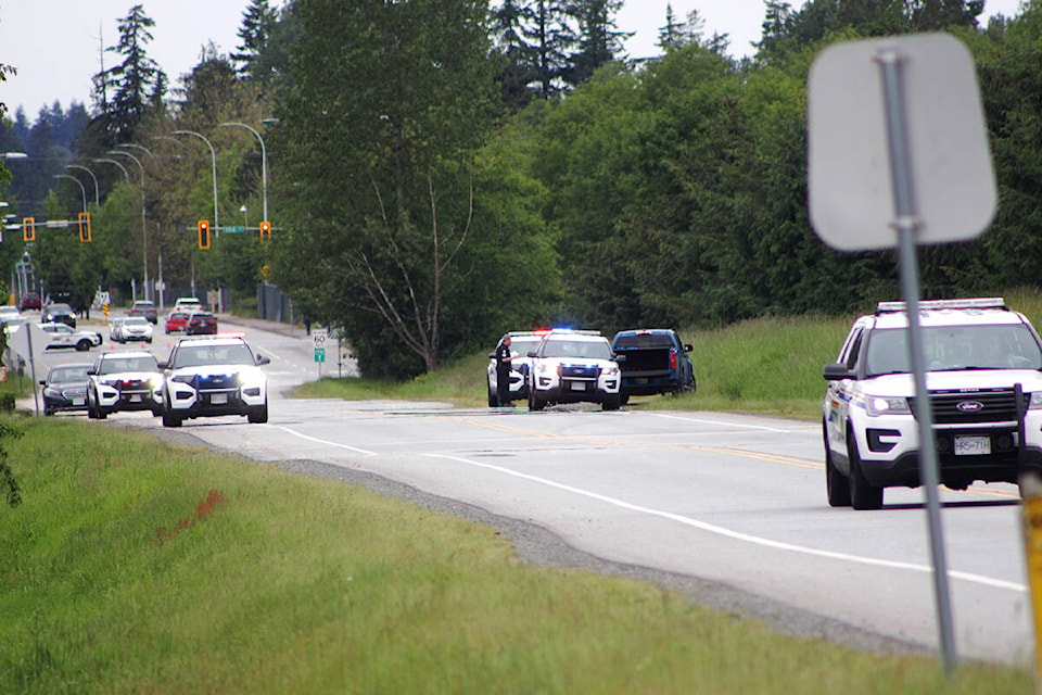 Police had 64 Avenue, between 152 and 156 streets, Saturday afternoon (June 4, 2022). A view of the scene looking westbound from 156 Street. (Photo: Lauren Collins)