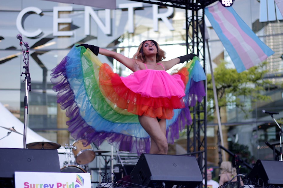 Ra, of Vancouver, one of the MCs for the Surrey Pride Festival at Central City Plaza on Saturday, June 25, 2022. (Photo: Lauren Collins)