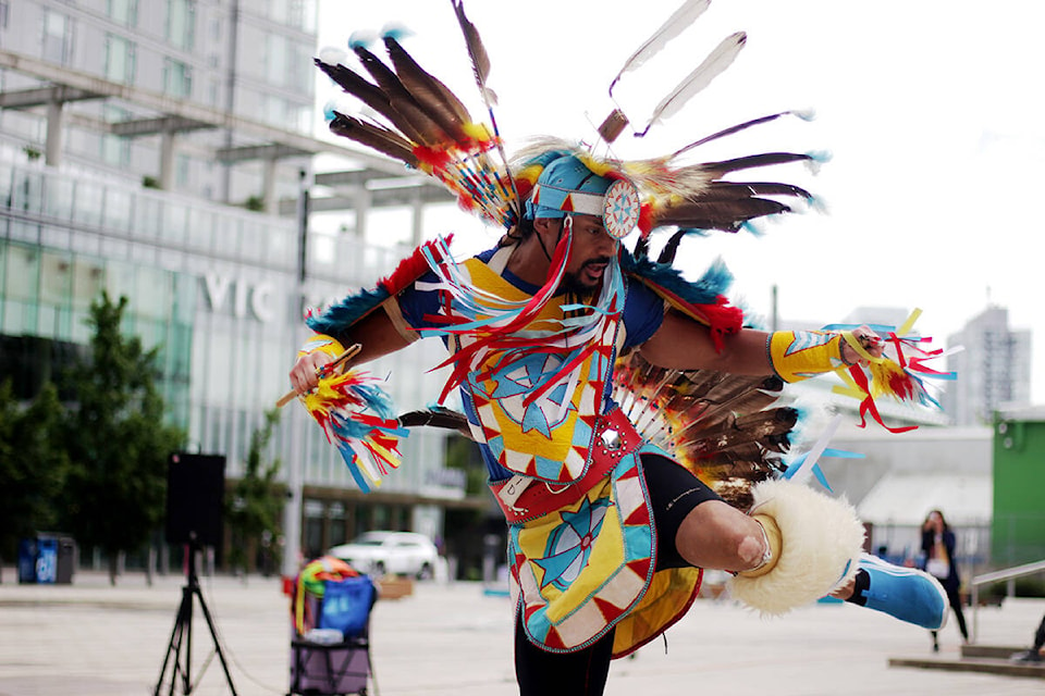 David Whitebean, of the Wild Moccasin Dancers, performs in the Downtown Surrey BIA’s first Surrey Voices event of 2022 at Surrey Civic Plaza on Friday, July 8, 2022. (Photo: Lauren Collins)