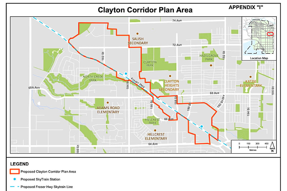 This map (Map-1) shows where boundaries for the “Clayton Corridor” have been established in two general areas north of Fraser Highway, one encompassing the area from about 180th Street down to 186th Street, and another from both Hillcrest Village and Clayton Crossing shopping centres down to Fraser Highway and 64th Avenue. (Image via City of Surrey)