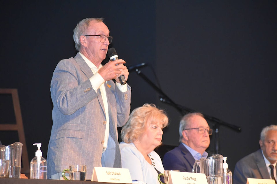 Gordie Hogg speaks during an all-candidates meeting for City of Surrey mayoral candidates Wednesday evening. The event was hosted by the South Surrey and White Rock Chamber of Commerce and Peninsula Homelessness to Housing Task Force (PH2H) at Gracepoint Community Church. (Alex Browne photo)