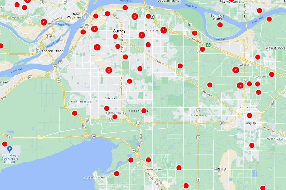 Red dots show power outages in Surrey on Saturday morning, Nov. 5. (Map: bchydro.com/power-outages/app/outage-map.html)