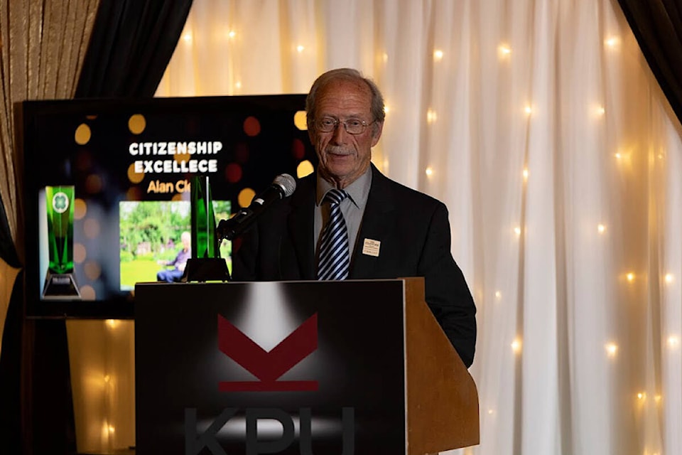 Alan Clegg accepts the Clovie award for Citizenship Excellence at the seventh annual Clovies gala Nov. 16 at Hazelmere Golf and Tennis Club. The Cloverdale District Chamber of Commerce handed out an array of awards that night. Clegg’s Citizenship Excellence award recognized an individual who made “outstanding contributions to the well-being of the community through their commitment and dedication.” (Photo: Michael Gladkey / Gladkey Photography)
