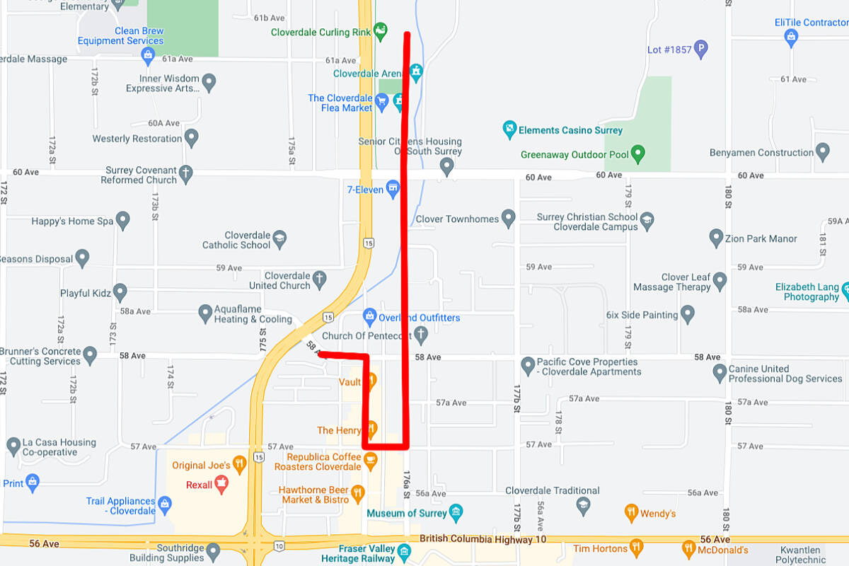 Map shows the route of the 2022 Surrey Santa Parade of Lights, in downtown Cloverdale. (Image via Google Maps)
