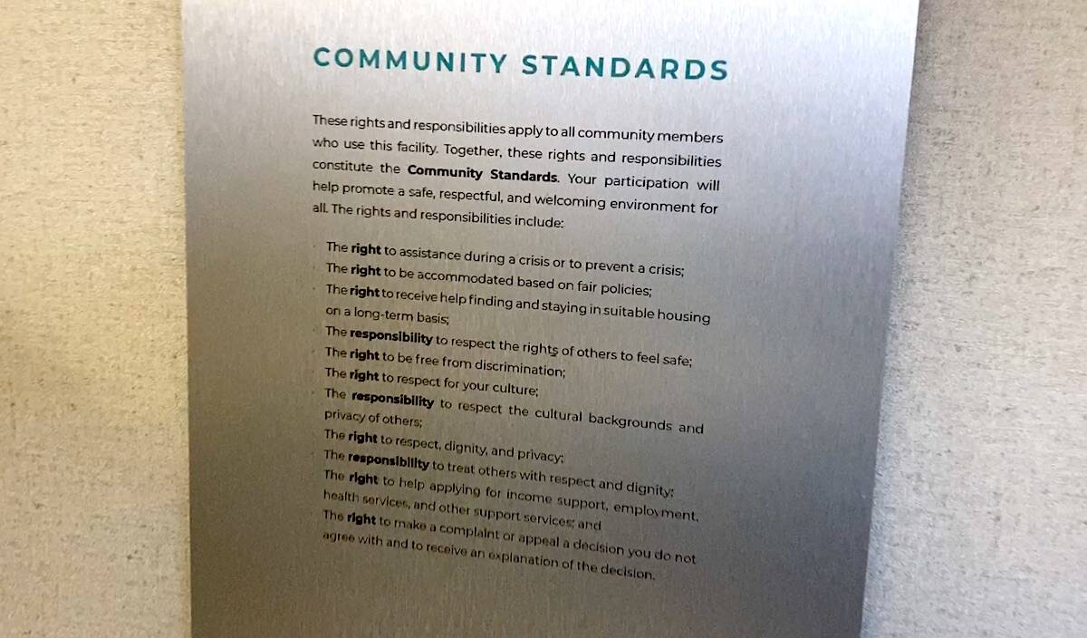 A Community Standards sign inside Whalleys new hygiene facility, or Healthy Living Complex of Care. (Photo: Tom Zillich)