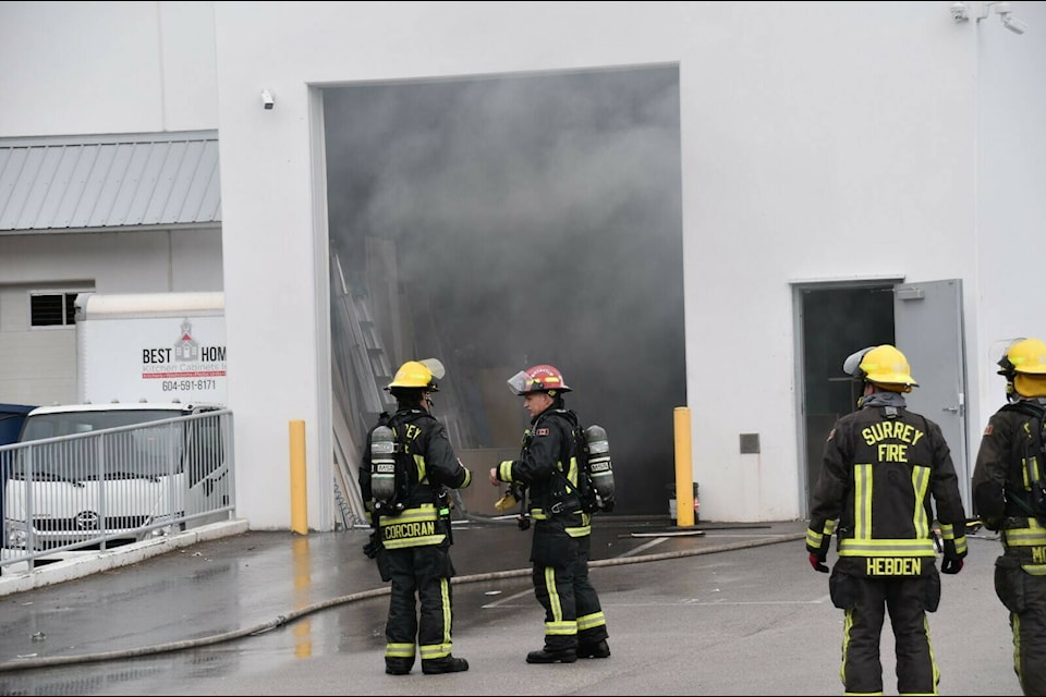 Surrey fire crews responded to fire alarms ringing in the 3500 block of 194th Street Sunday (Dec. 11) at Campbell Heights industrial park shortly after noon and put out a small fire. (Curtis Kreklau photos)