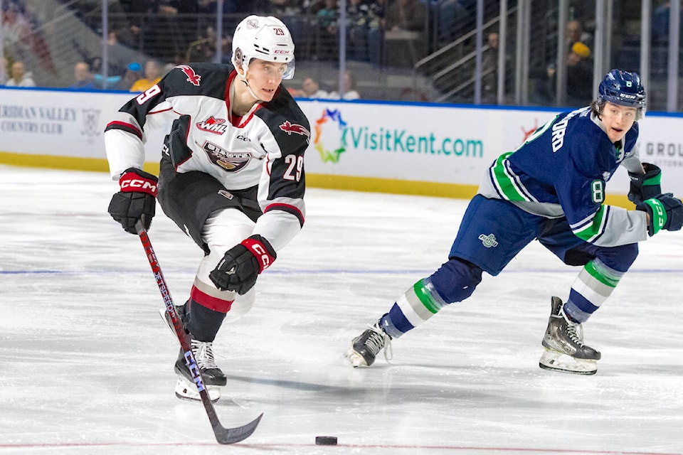 Vancouver Giants’ Samuel Honzek in action at the accesso ShoWare Center in Kent, WA on Sunday. Dec. 11, as the G-men fell 5-2. (Brian Liesse/Special to Langley Advance Times)