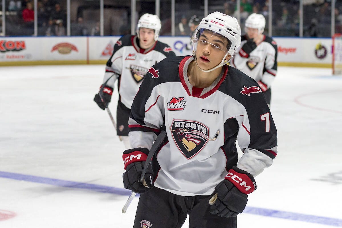 Giants Ty Halaburda knocked in a rebound during four-on-four play to bring the score to 5-2 at the accesso ShoWare Center in Kent, WA on Sunday. Dec. 11, as the G-men fell 5-2 to Seattle. (Brian Liesse/Special to Langley Advance Times)