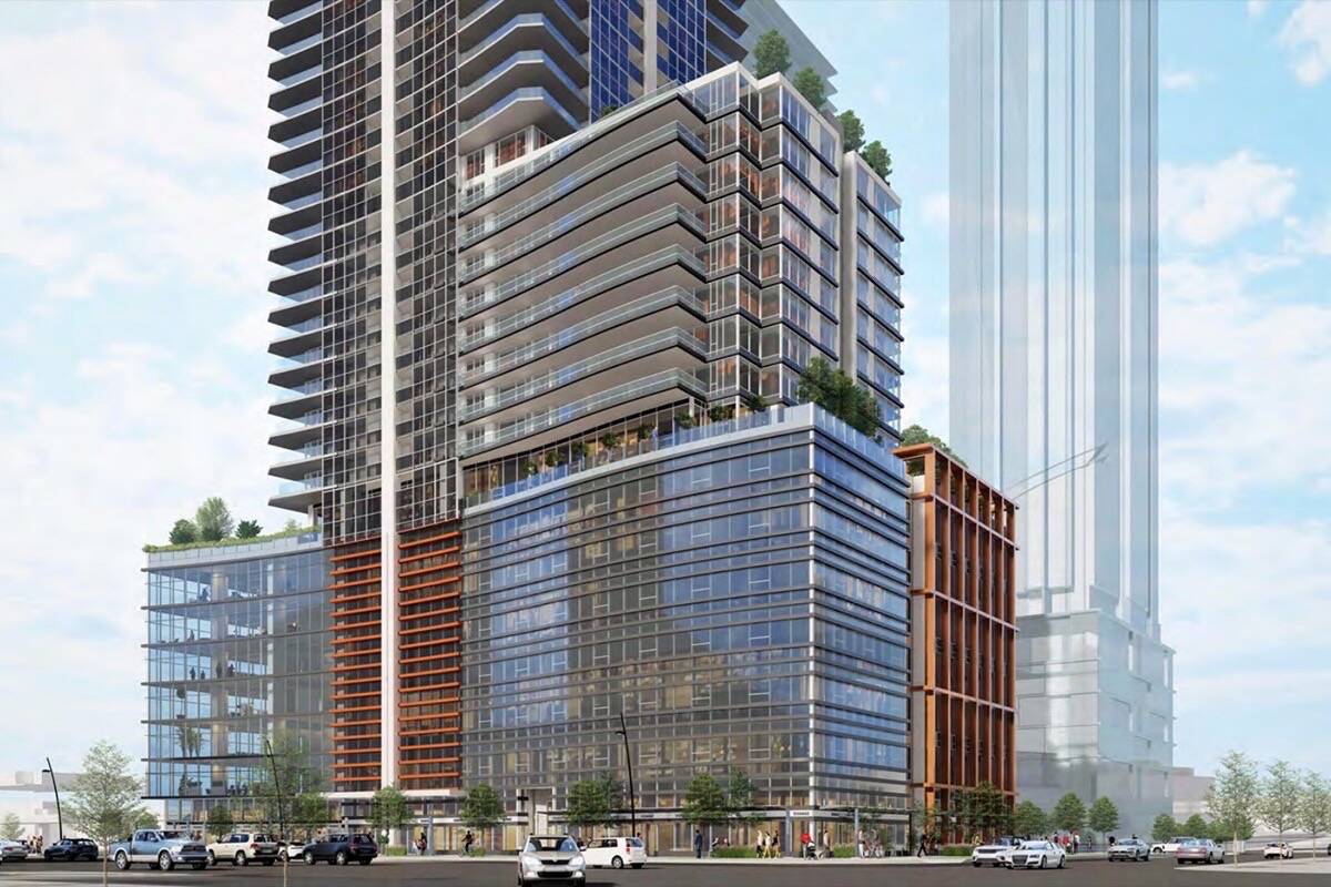 Ground-level view of downtown tower project before Surrey council Monday. (Image: Chris Dikeakos Architects Inc./surrey.ca)