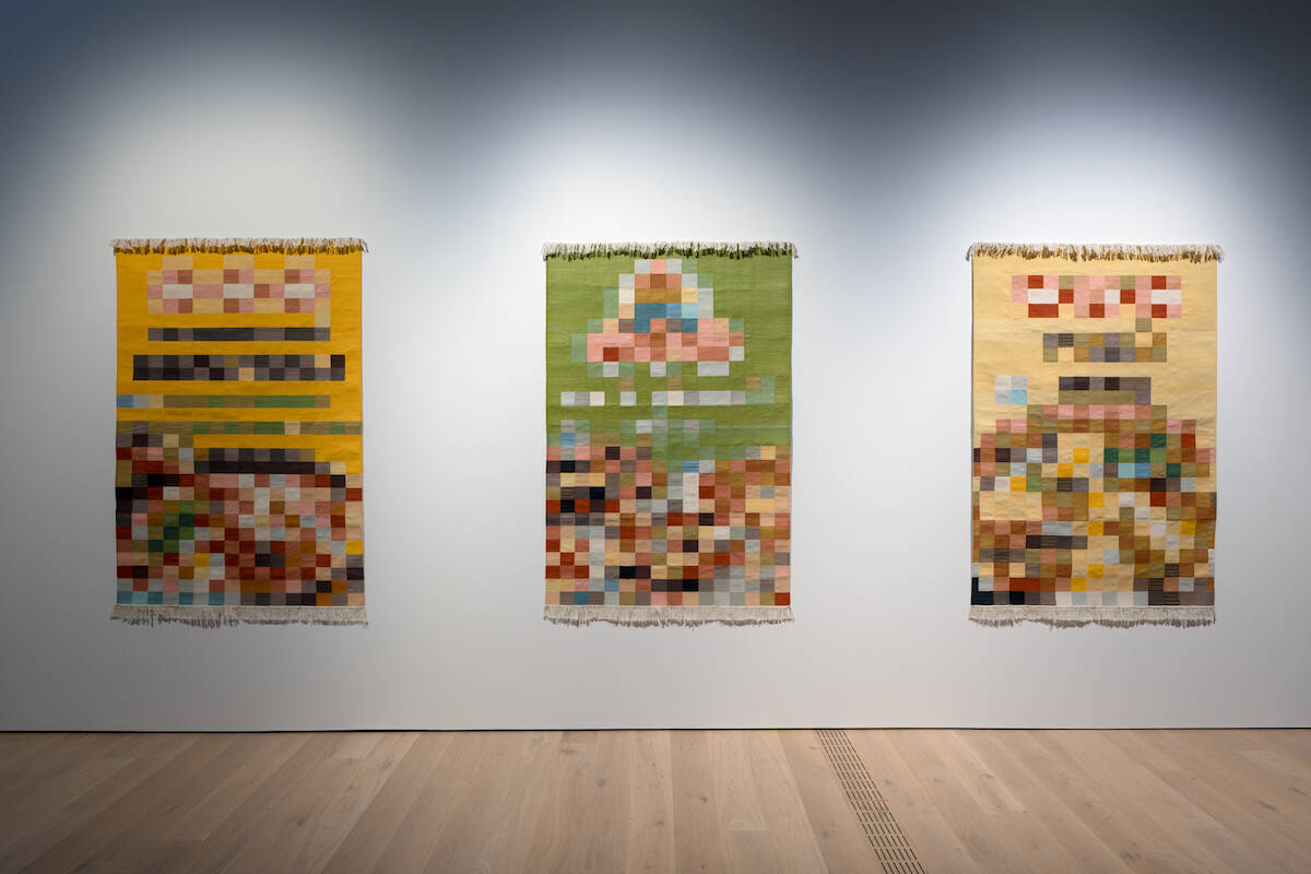 Installation view of Simranpreet Anands insatiable desires of a bourgeoisie, 2021, at The Polygon Gallerys The Lind Prize. Three woven dhurries. (Photo: Akeem Nermo)