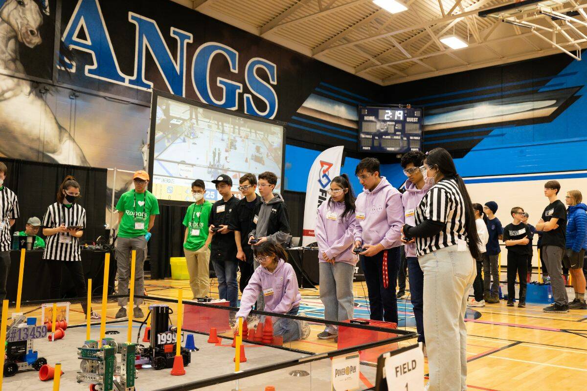 BC Robotics Championship at L.A. Matheson in Surrey on Saturday, Feb. 25, 2023. (Photo: Anna Burns)L.A. Matheson team during a practice round on Saturday.