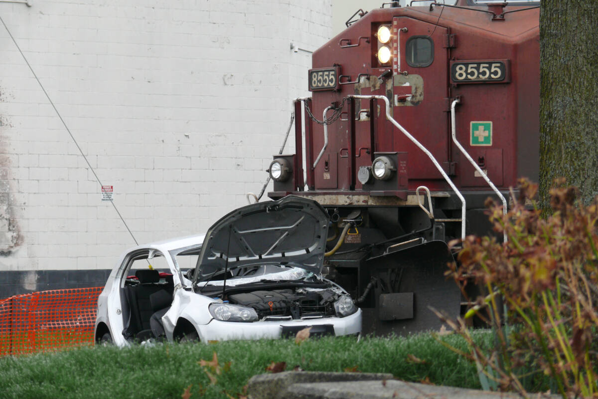 One person is dead after a train hit a car near the 200th Street crossing in Langley City Sunday morning, March 26. (Dan Ferguson/Langley Advance Times)