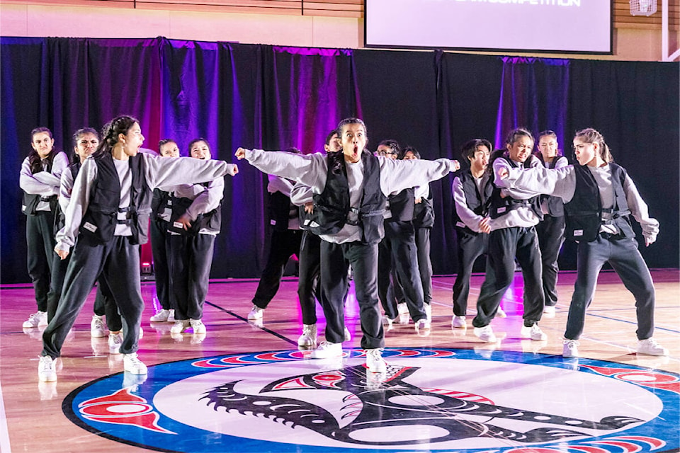 The Sullivan Heights Secondary Junior Dance Team performs during “Level Up: B.C. High School Dance Team Competition” April 5 at Salish Secondary School. (Photo: Jason Sveinson)