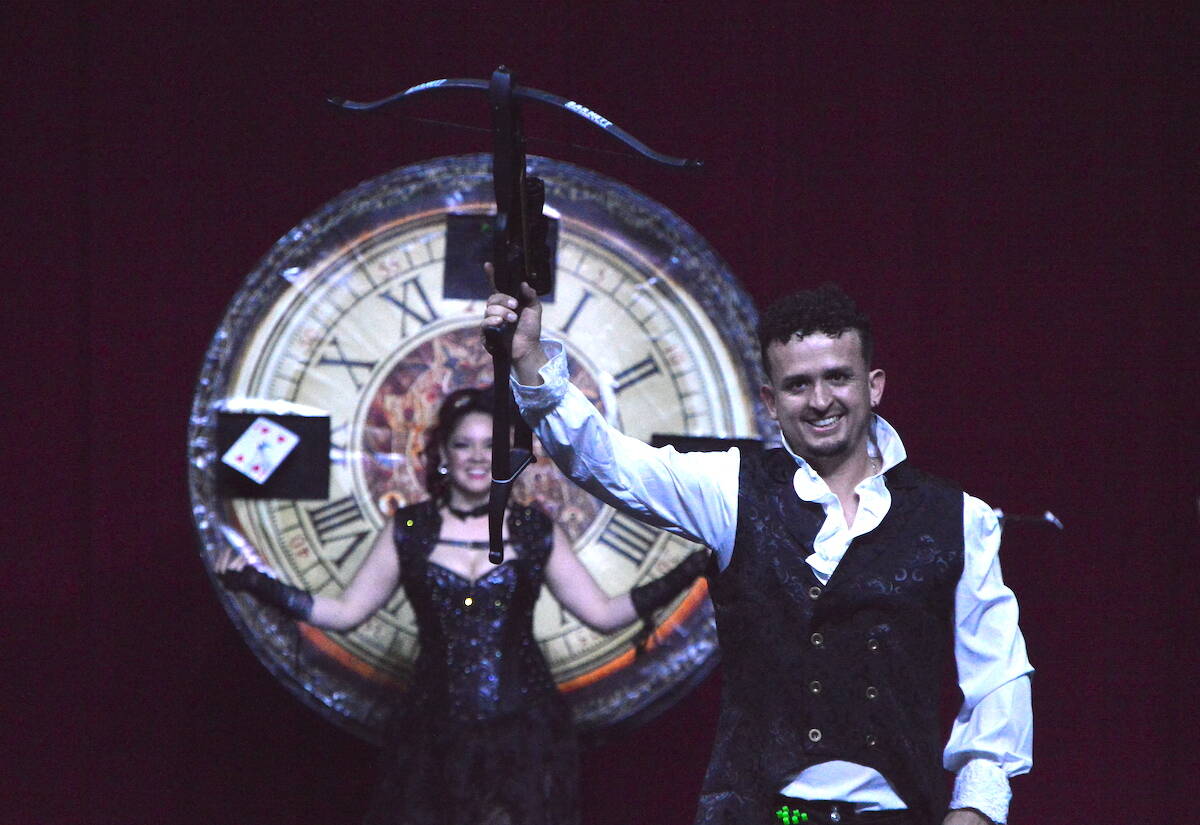 Crossbow act Hubert & Camila Dominguez at a Royal Canadian International Circus show in Surrey on Thursday, May 4, 2023. (Photo: Tom Zillich)