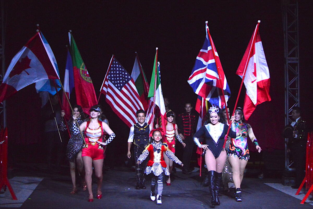 Flags of many nations at the end of the Royal Canadian International Circus show in Surrey on Thursday, May 4, 2023. (Photo: Tom Zillich)