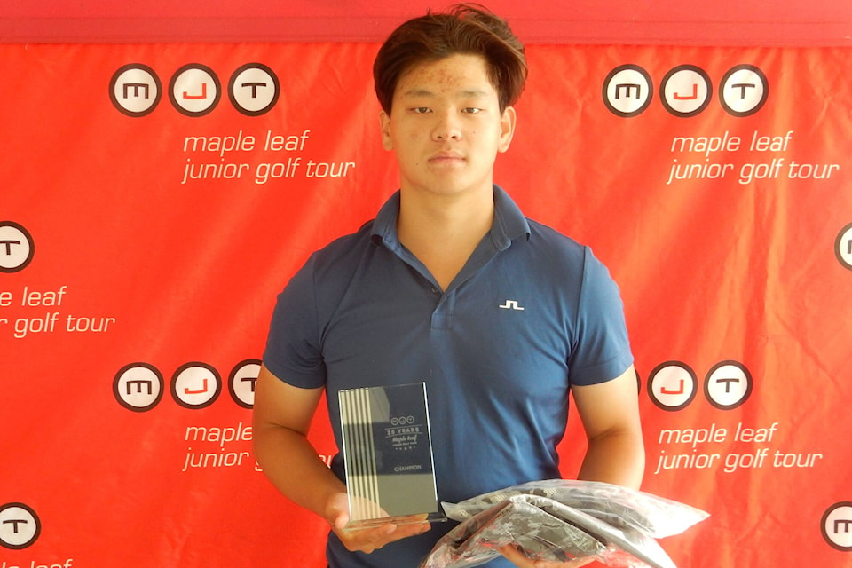 Surrey’s Harvey Liu, 15, who golfed 74 and 75 for a total of 149, tied with Nanaimo’s Samuel Kurytnik, 17, for Low Overall honours in the juvenile boys division at the Maple Leaf Junior Golf (MJT) tournament at Ledgeview Golf and Country Club in Abbotsford May 20 and 21. (Photo courtesy Maple Leaf Junior Golf Tour/MJT)