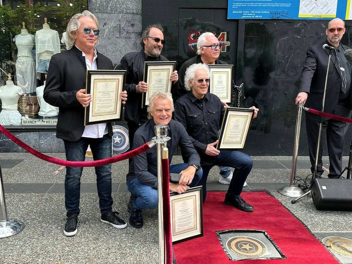 Members of rock band Loverboy at their StarWalk induction ceremony on Granville Street on Thursday, June 15. (Submitted photo: Christina Potter/BC Entertainment Hall of Fame)