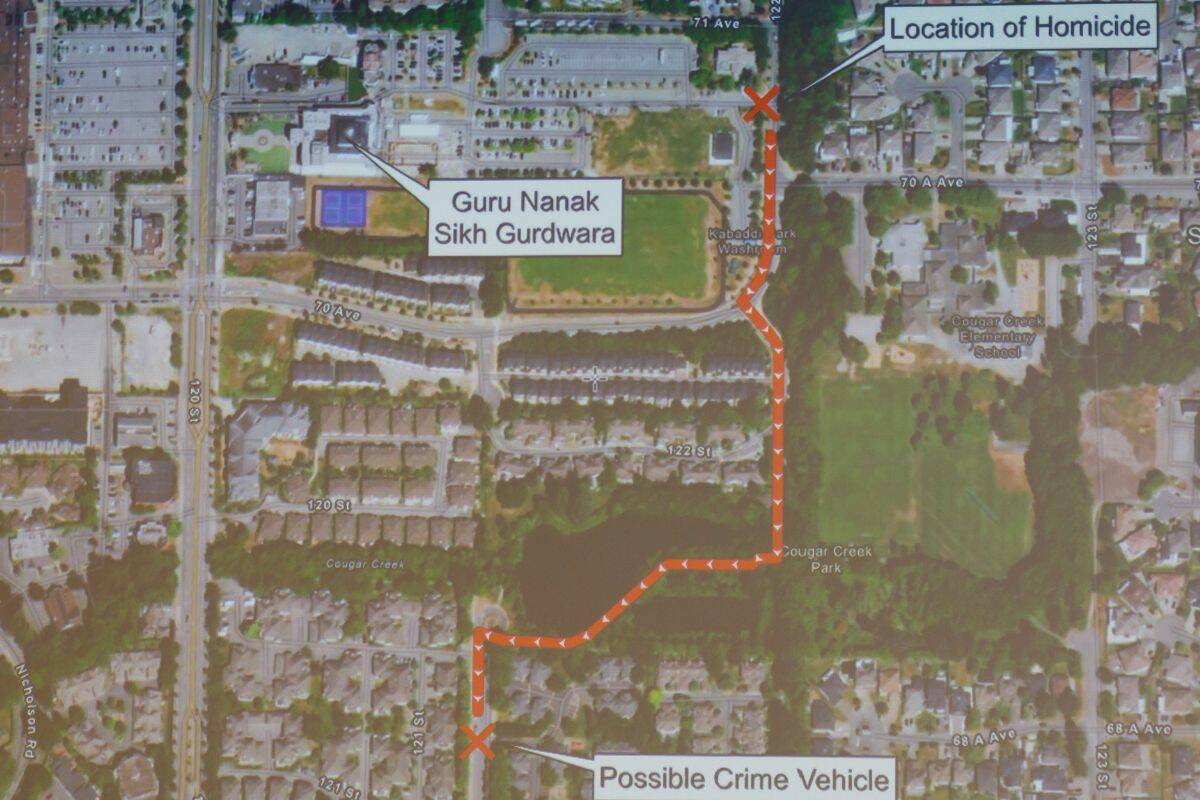 Homicide investigators say this is the possible route that Hardeep Singh Nijjars killers took after shooting the president of Guru Nanak Sikh Gurdwara in the temple parking lot Sunday, June 18, 2023.