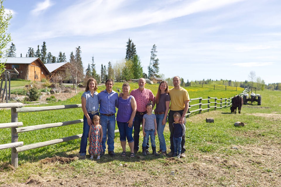 Silvia and Franz Laffer (middle), with their family Selina, Everly and Kyle Staples (L) and Aletta, Minette, Florian and Sebastian Laffer (R). The Laffer’s own Sunshine Ranch in Horsefly, B.C. Their children and grandchildren live nearby. (Kim Kimberlin Photo/Black Press)