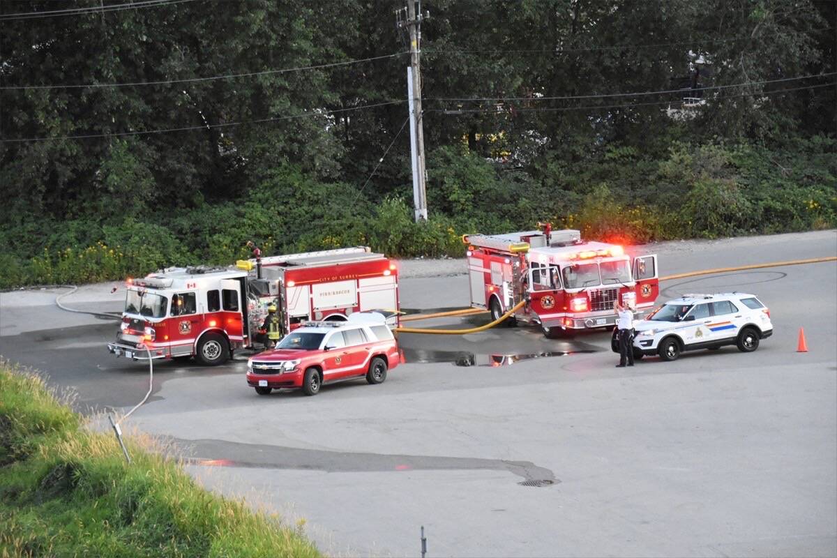 Surrey firefighters assemble to fight brush fires near Tannery Road and Timberland Road on Monday. (Photo: Curtis Kreklau).