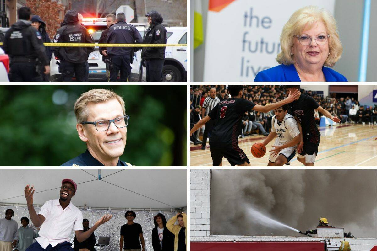 Top left: Police investigating a shooting in Newton that sent a man to hospital Monday afternoon are working to determine if this burned van was involved. (Screenshot from video from Shane MacKichan), Surrey Mayor Brenda Locke announces that council has voted to keep the RCMP as the police of jurisdiction in Surre on Friday, June 16, 2023. (Photo: Anna Burns), Surrey Police Service Chief Constable Norm Lipinski talks to media in Surrey on Friday, June 16, 2023. (Photo: Anna Burns), Fleetwood Park takes on Enver Creek in the final of the Surrey RCMP Classic against Fleetwood Parkin Surrey on Saturday, Jan. 14, 2023. Enver Creek won 69- 68 in the final seconds. (Photo: Anna Burns), Ayodeji in the Higher Ground Dance Battle at Car Free Day in Surrey on Saturday, June 10, 2023. (Photo: Anna Burns), Roughly 22 Surrey firefighters battled a blaze with heavy smoke and flames in a vacant building in Whalley Sunday afternoon. (Shane MacKichan photo)