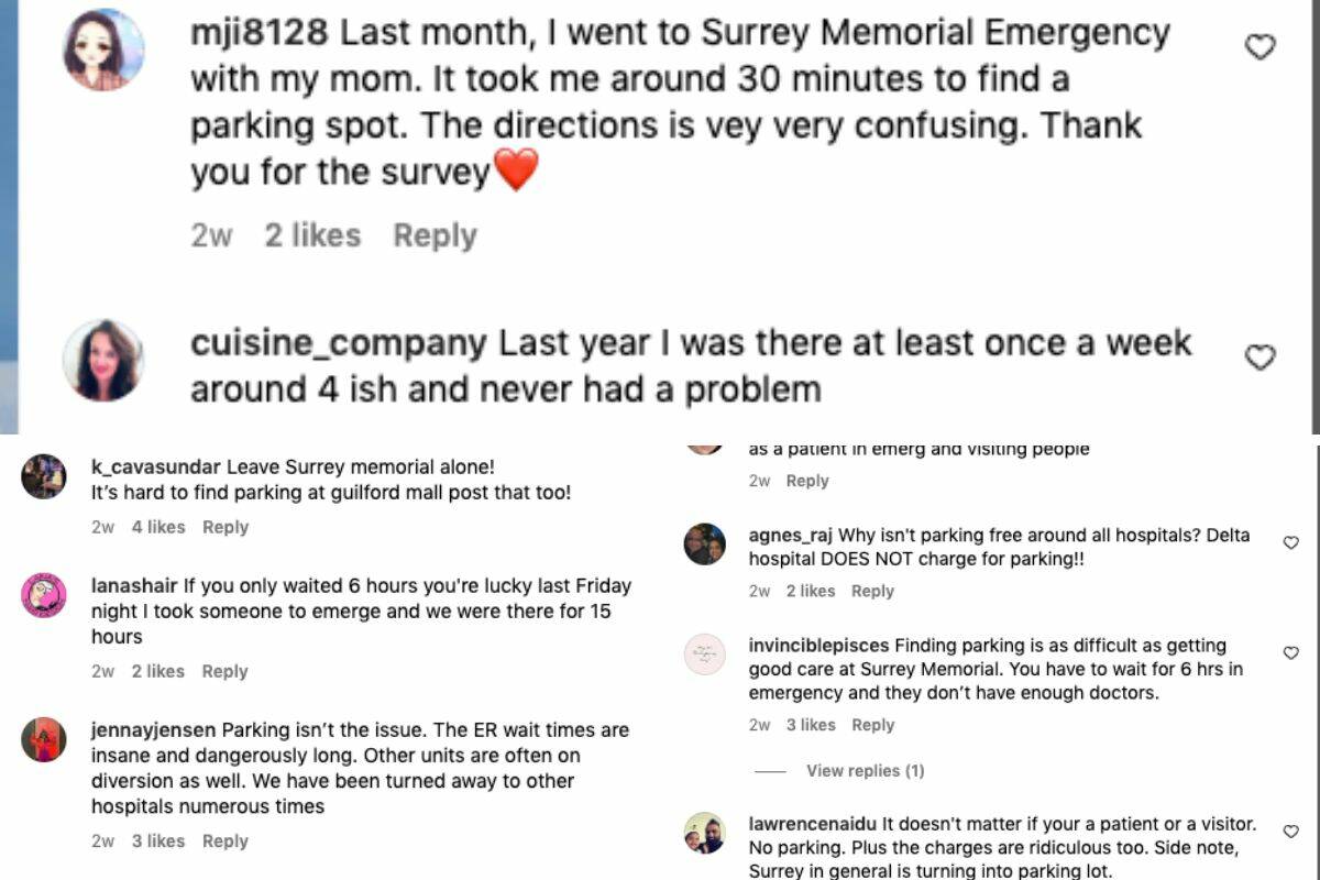 Instagram comments about parking at Surrey Memorial Hospital (Screenshot)
