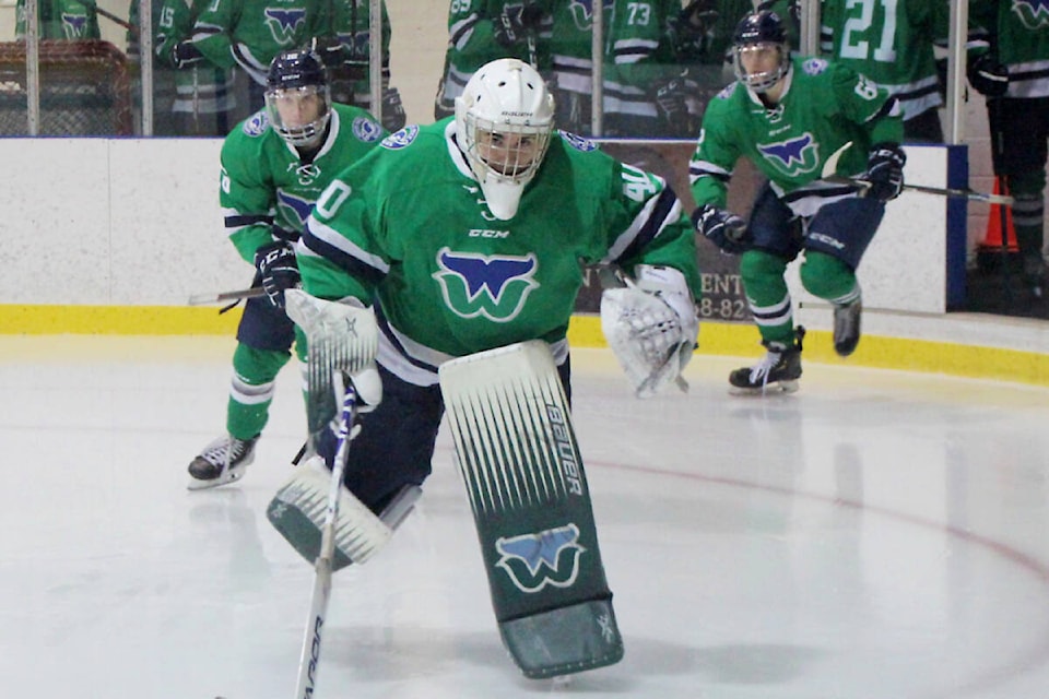 White Rock Whalers goalie Keegan Maddocks and teammates during last season’s playoffs. (Alistair Burns/White Rock Whalers photo)