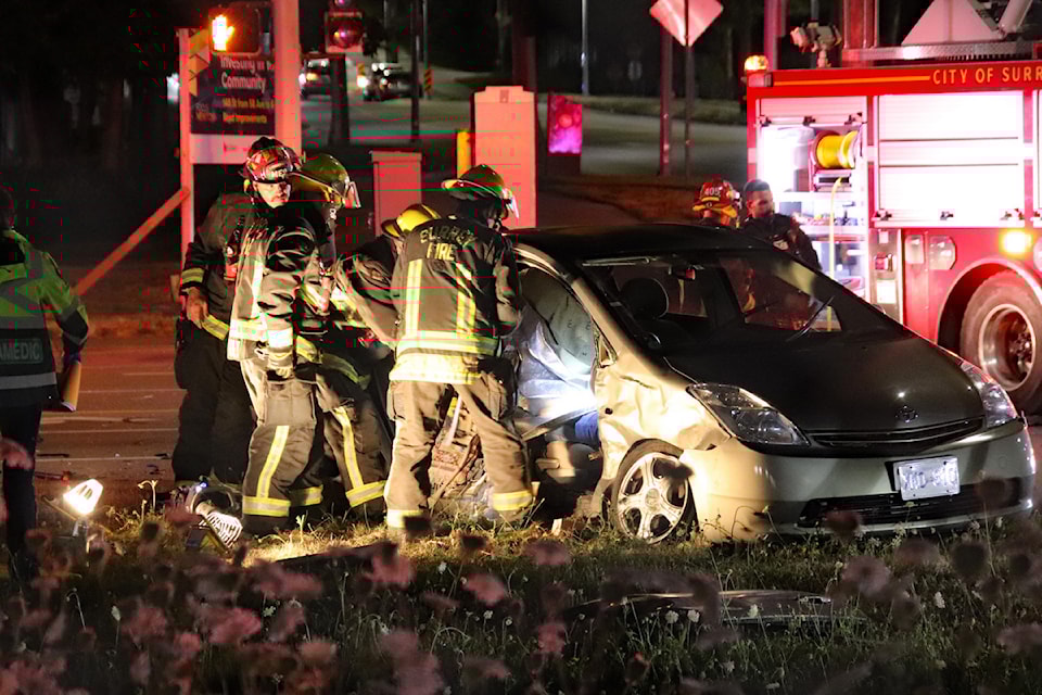 Crash site in Surrey at 64 Avenue and 148 Street on the evening of Thursday, Aug. 7, 2025.