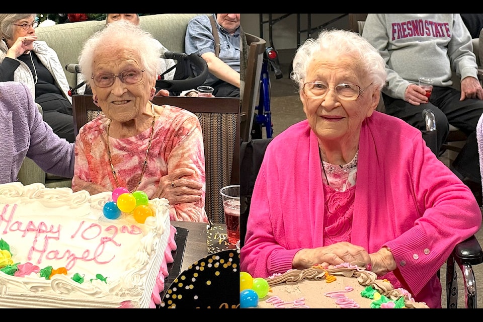 Hazel Pavan, left, and Jean Mikolayenko celebrated their 102nd birthdays during a special event at Fleetwood Villa retirement home in Surrey on Monday, Nov. 25, 2024.