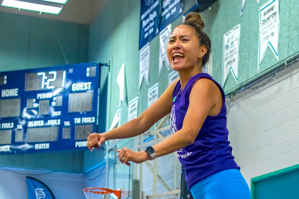 School teacher Elaine Chong leads her 12th annual Zumbathon for Cancer workout/fundraiser Friday, June 6, 2025, at Fleetwood Park Secondary gym in Surrey.