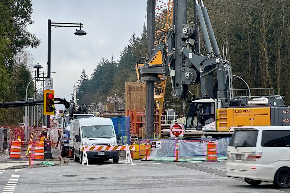 Construction on Fraser Highway at 140 Street looking east, near Jim Pattison Outpatient Care and Surgery Centre, on Tuesday, April 1, 2025. 