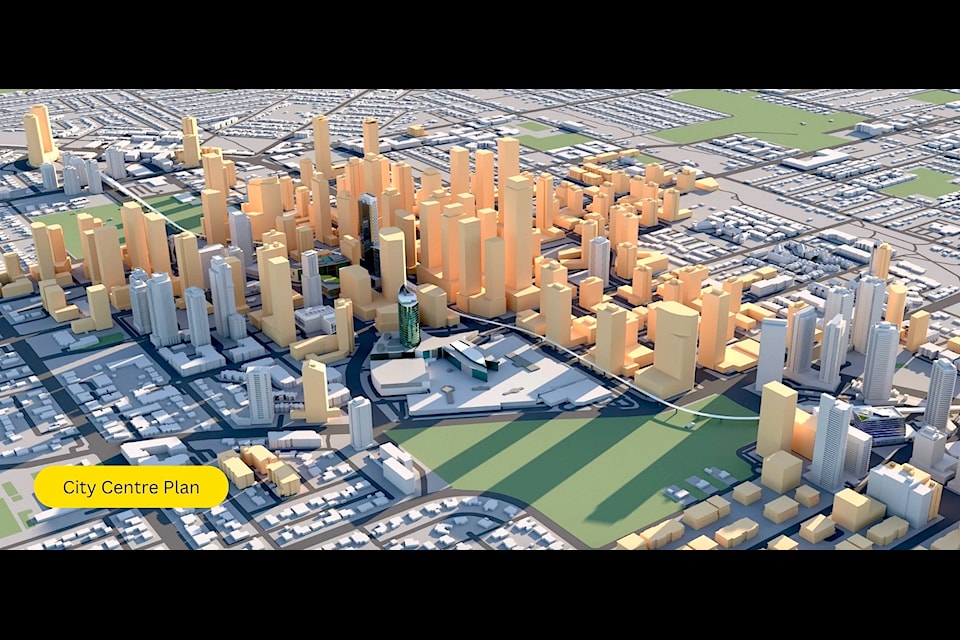 Shown on a new "future model," the Central City tower (middle) and Coast Capital headquarters (right) are coloured among light-brown proposed developments in Surrey City Centre.