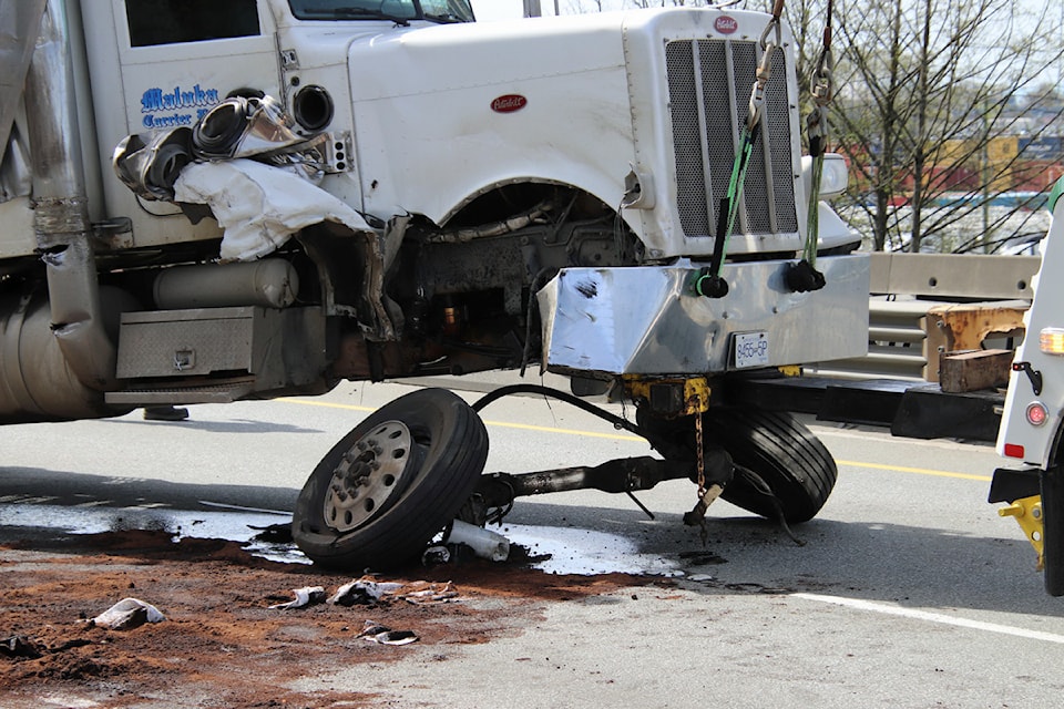 Crashed truck on Highway 17 in Surrey on Monday, April 14, 2025.