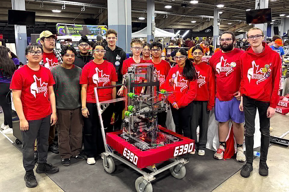 North Surrey Secondary's after-school robotics club members at the FIRST competition at Pacific Coliseum in Vancouver, an event held Feb. 27 to March 1, 2025. Pictured from left are Travis Huynh, Jeremy Lee, Wasi Bilal, Rajveer Singh, Asha Gill, Luke Vuorensivu, Huy Nguyen, Angela Nguyen, Mahdi Syed, Saachi Dhaliwal, Medha Narumanchi, Khalaf Bates and Mathias Petersen.