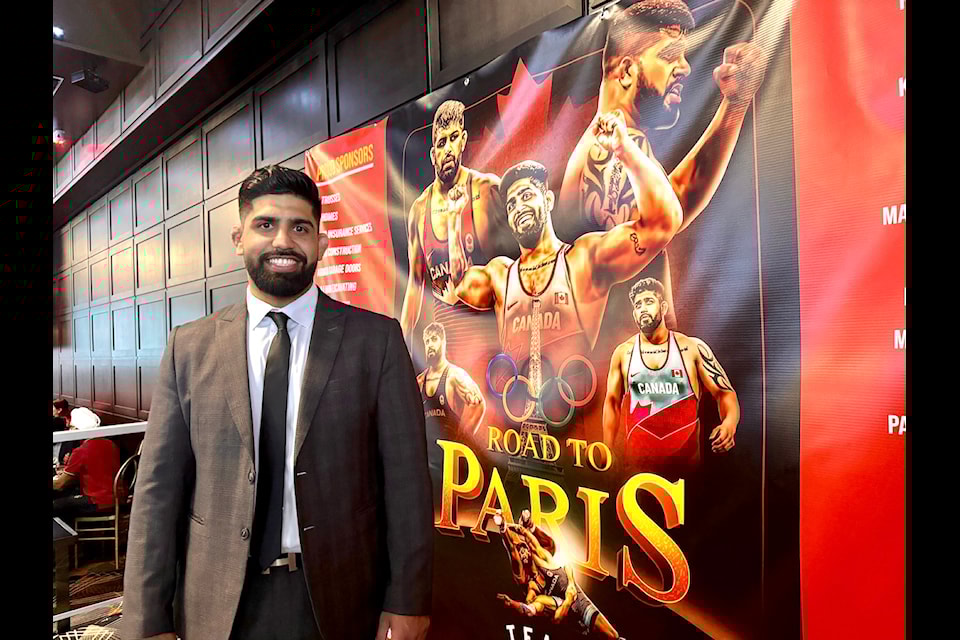 Olympic wrestler Amar Dhesi during a "Road to Paris" fundraiser at Aria banquet hall in Surrey on Thursday, June 6, 2024. (Photo: Tom Zillich)