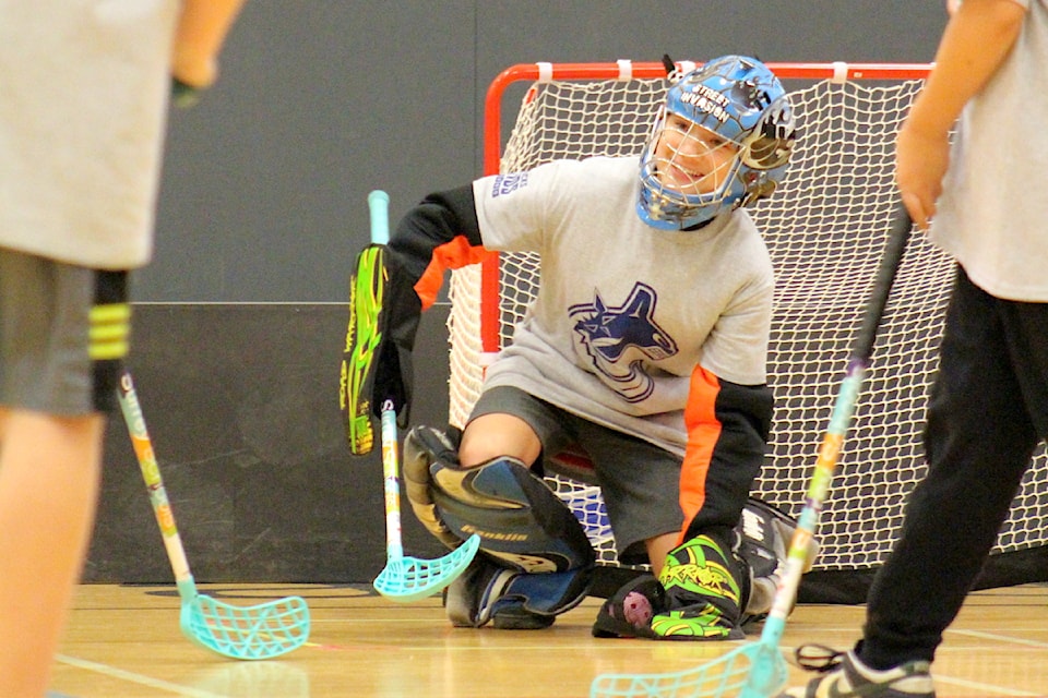 A young goaltender at a Junior Canucks Floor Hockey Program tournament at Fraser Heights Recreation Centre in Surrey on Monday, March 10, 2025.