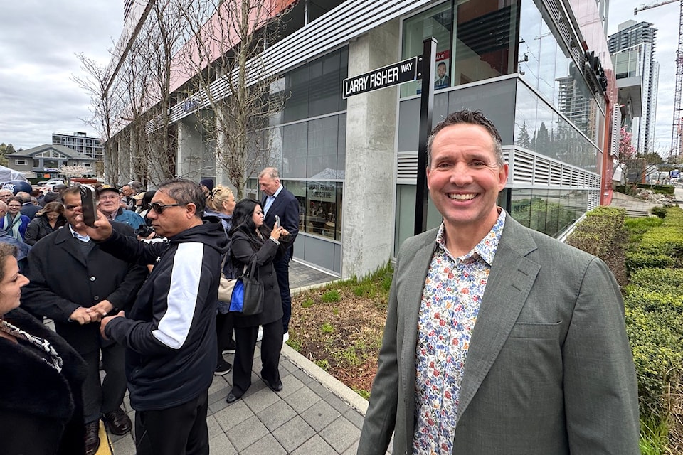 Kirk Fisher, executive vice-president of Lark Group and son of Larry Fisher, on the new Larry Fisher Way in Surrey during a dedication event on Thursday, April 10, 2025.