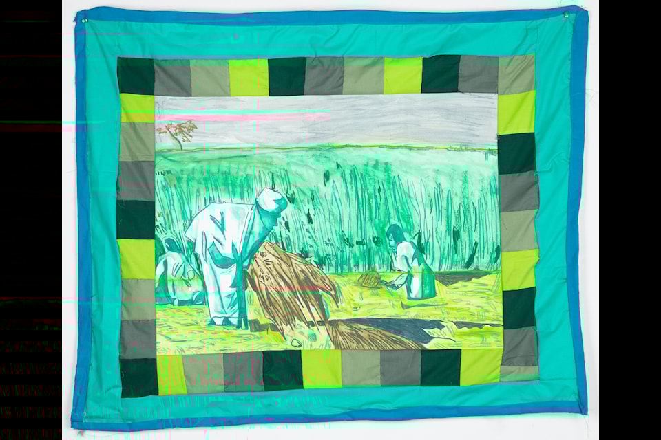 Jagdeep Raina, Manic Escape, 2023, mixed media (on paper, sewn with bordered fabric, batted, basted, binded into a quilt). Courtesy of the artist and Cooper Cole, Toronto. 